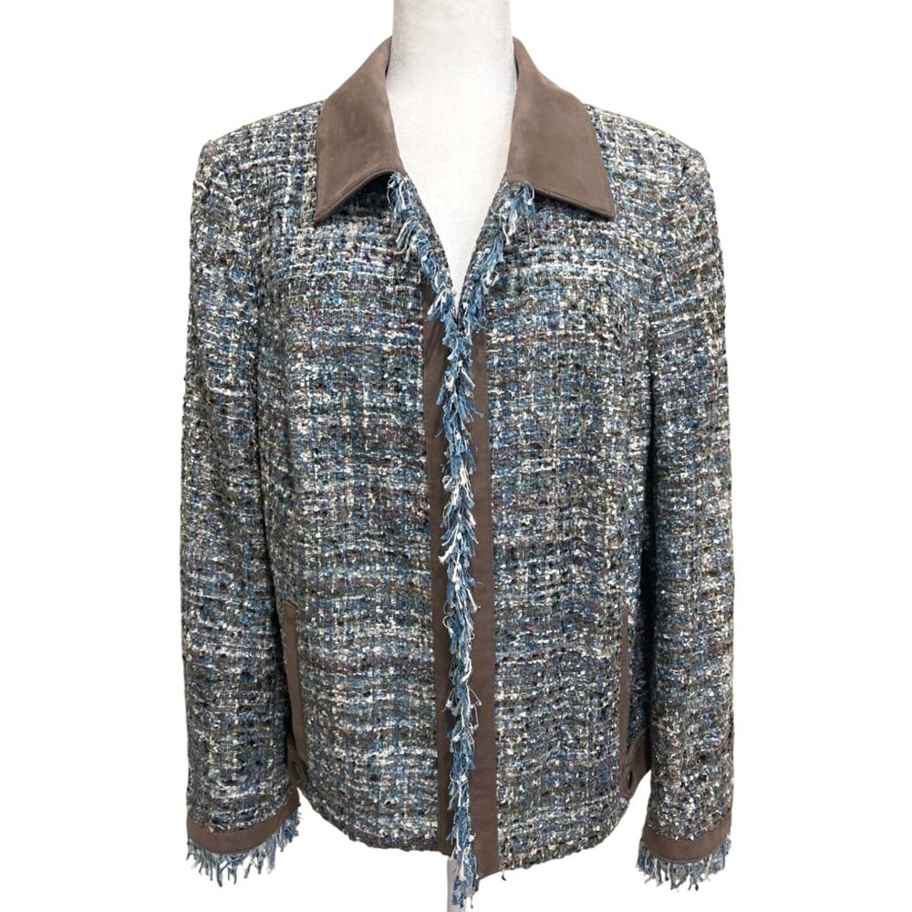 Madeleine Womens Blazer Blue Tweed & Taupe Faux Suede Jacket Size XL